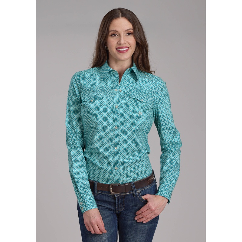 Womens Stretch Four Point Foulard – Turq Long Sleeve Snap Western Shirt XS