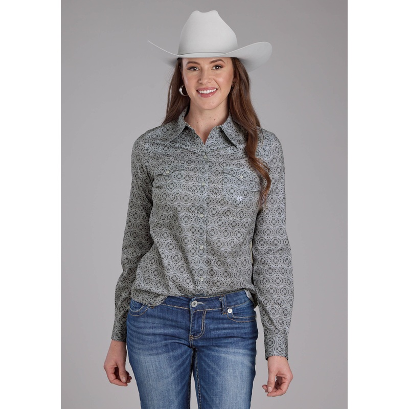 Womens Stretch Medallion Paisley – Gray Long Sleeve Snap Western Shirt XS