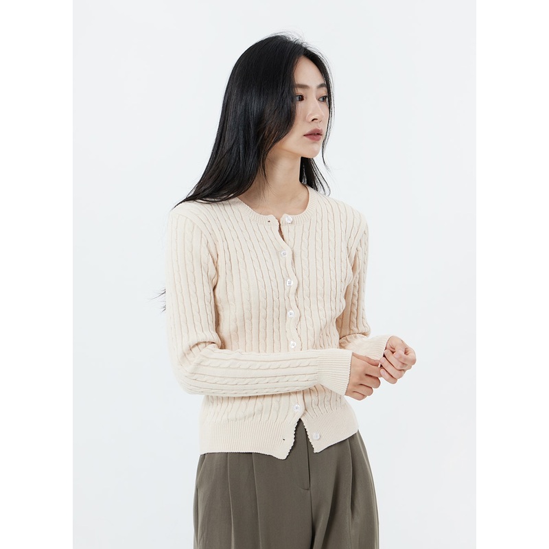 Round Neck Twist Button Cardigan OS19 Light beige S