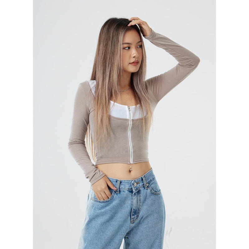 Two Tone Zip-Up Cropped Top CG31 Gray S