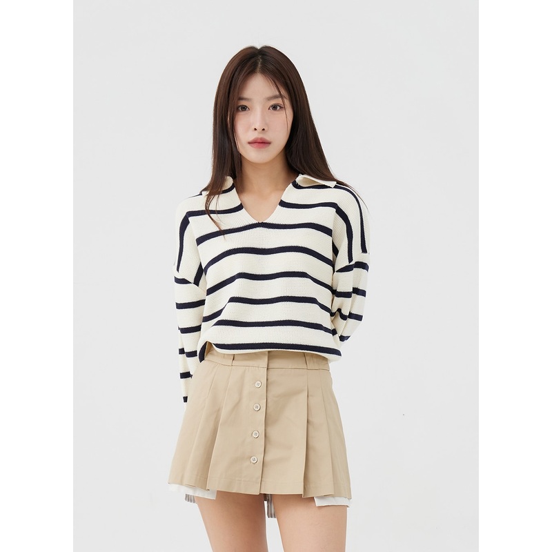 V-Neck Stripe Long Sleeve Knit with Collar IG24 White S/M