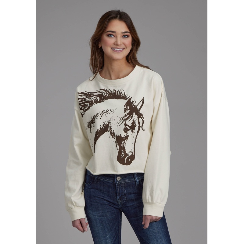 Womens Cotton Fleece Crew Neck Pullover Long Sleeve Pullover Western Shirt XS