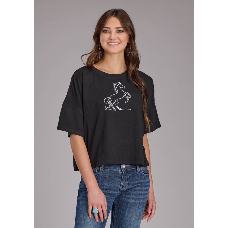 Womens Cotton Slub Jersey Cropped Tee Short Sleeve Pullover Western Shirt XS