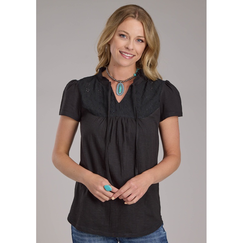 Womens Cotton Slub Jersey Ss Peasant Top Short Sleeve Pullover Western Shirt XS