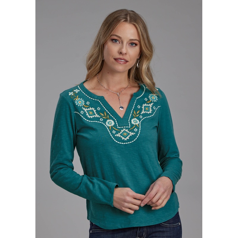 Womens Cotton Slub Jersey Tee Shirt Long Sleeve Pullover Western Shirt XS