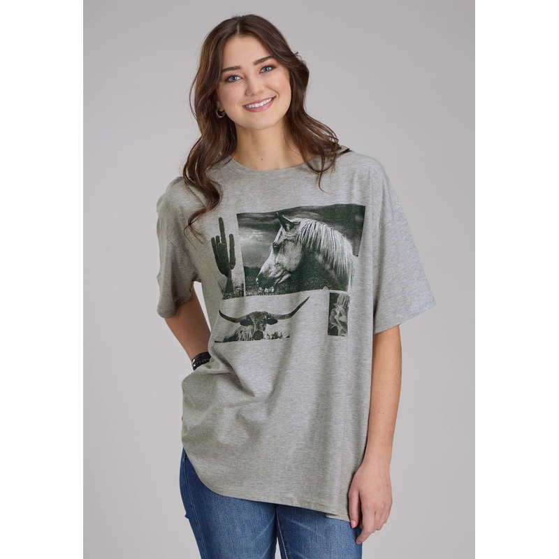 Womens Heather Gray Jersey Knit Tee Short Sleeve Pullover Western Shirt XS