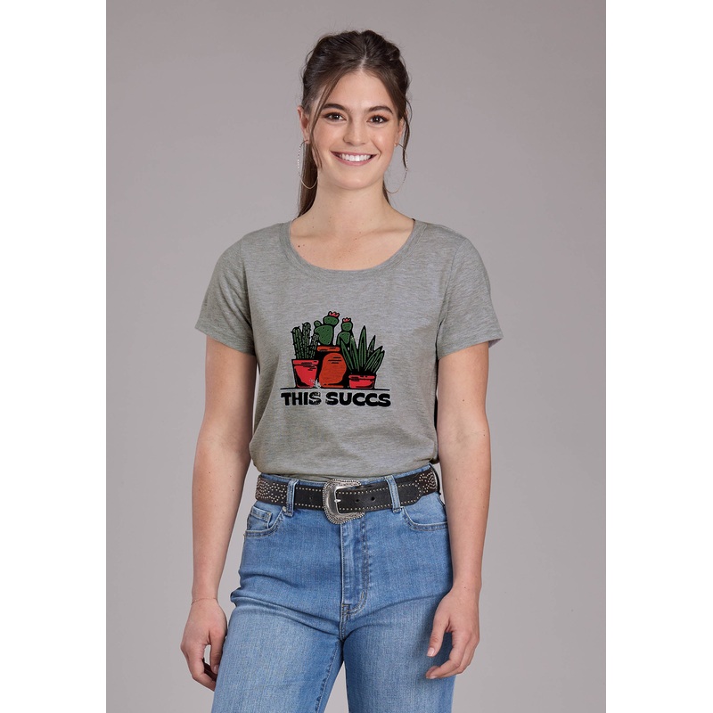 Womens Heather Gray Ss Tee Short Sleeve Pullover Western Shirt XS