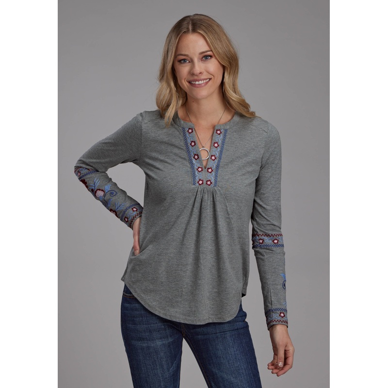 Womens Poly Cotton Jersey V Neck Top Long Sleeve Pullover Western Shirt XS