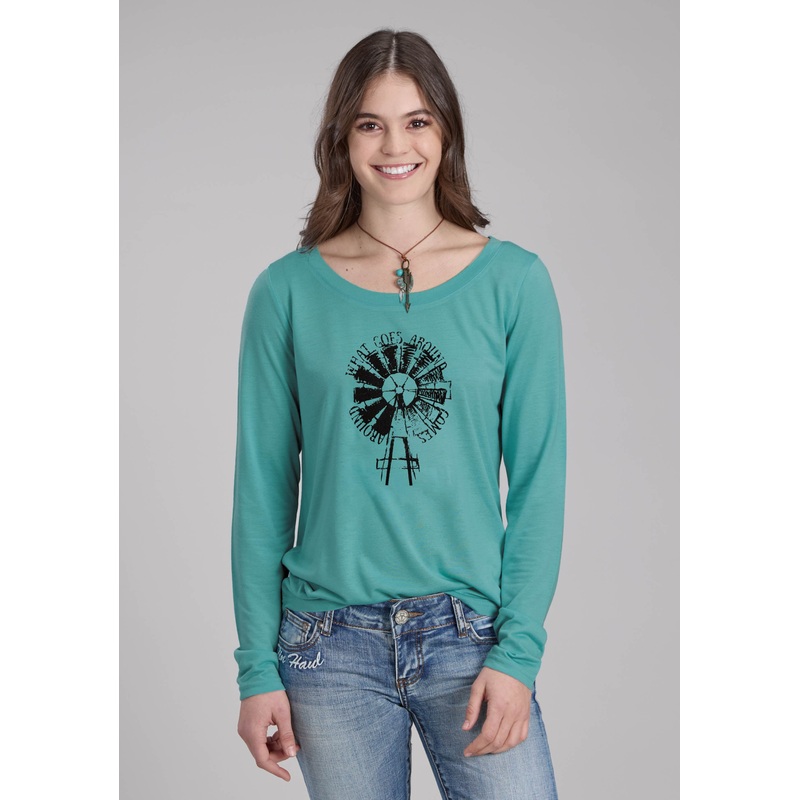 Womens Poly Rayon Jersey Scoop Neck Tee Long Sleeve Pullover Western Shirt XS