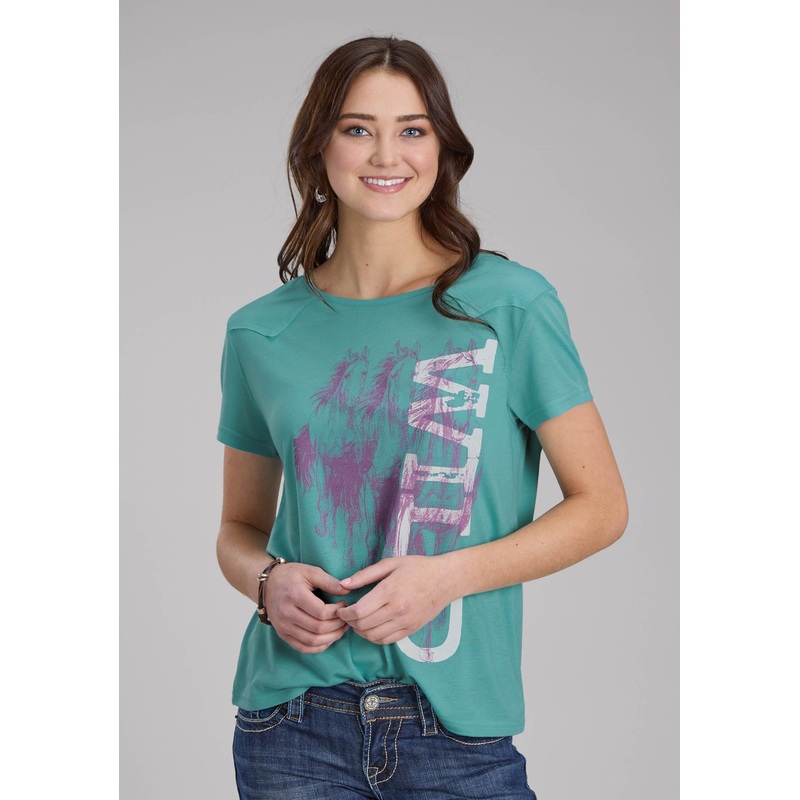 Womens Poly Rayon Jersey Tee With Frt Yokes Short Sleeve Pullover Western Shirt XS