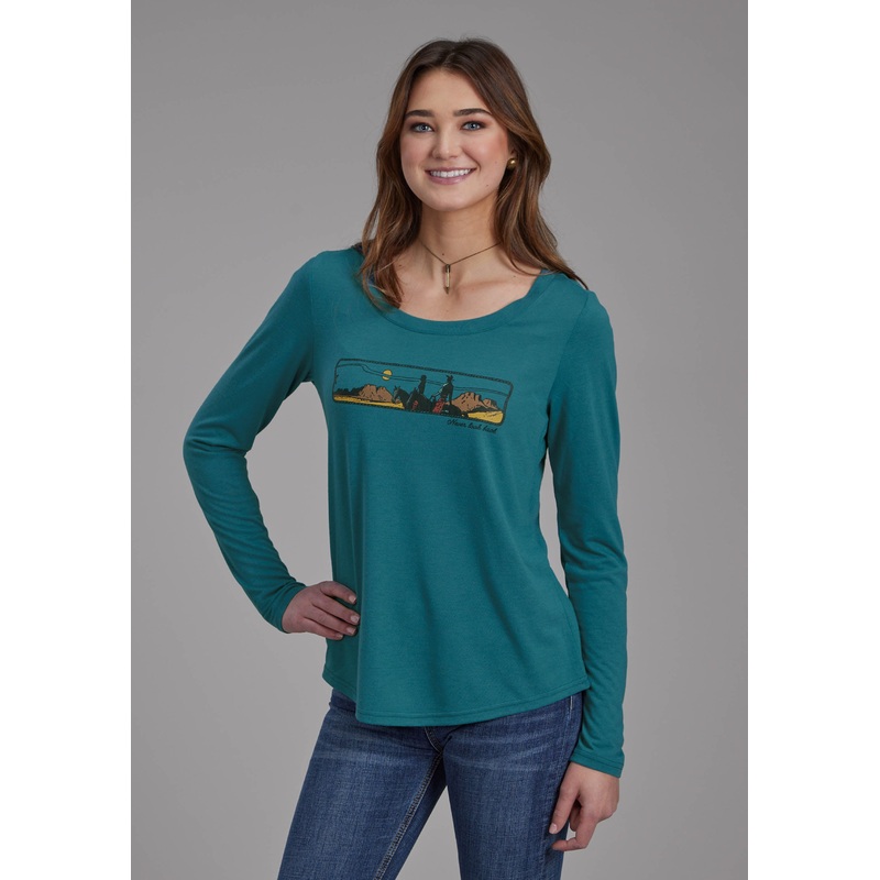 Womens Poly Rayon Long Sleeve Tee Long Sleeve Pullover Western Shirt XS