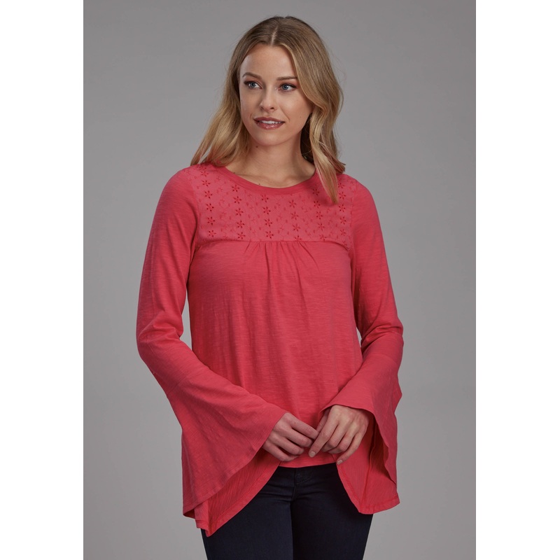 Womens Red Slub Knit Jersey Peasant Top Long Sleeve Pullover Western Shirt XS