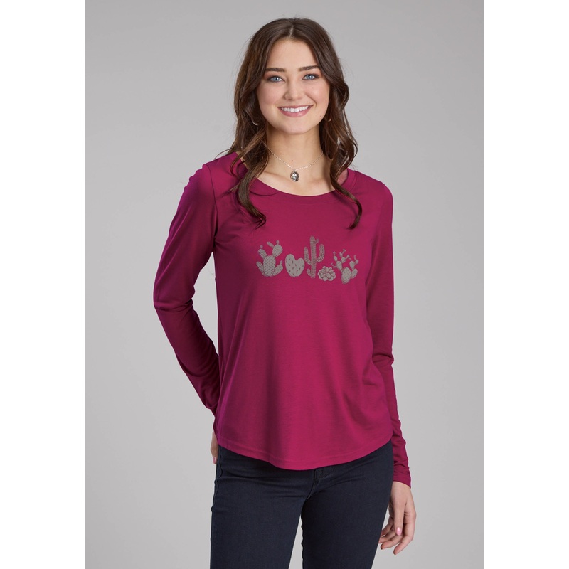 Womens Scoop Neck Tee Long Sleeve Pullover Western Shirt XS