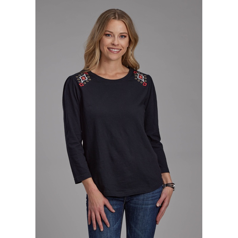 Womens Slub Jersey Top With Scoop Neck Long Sleeve Pullover Western Shirt XS