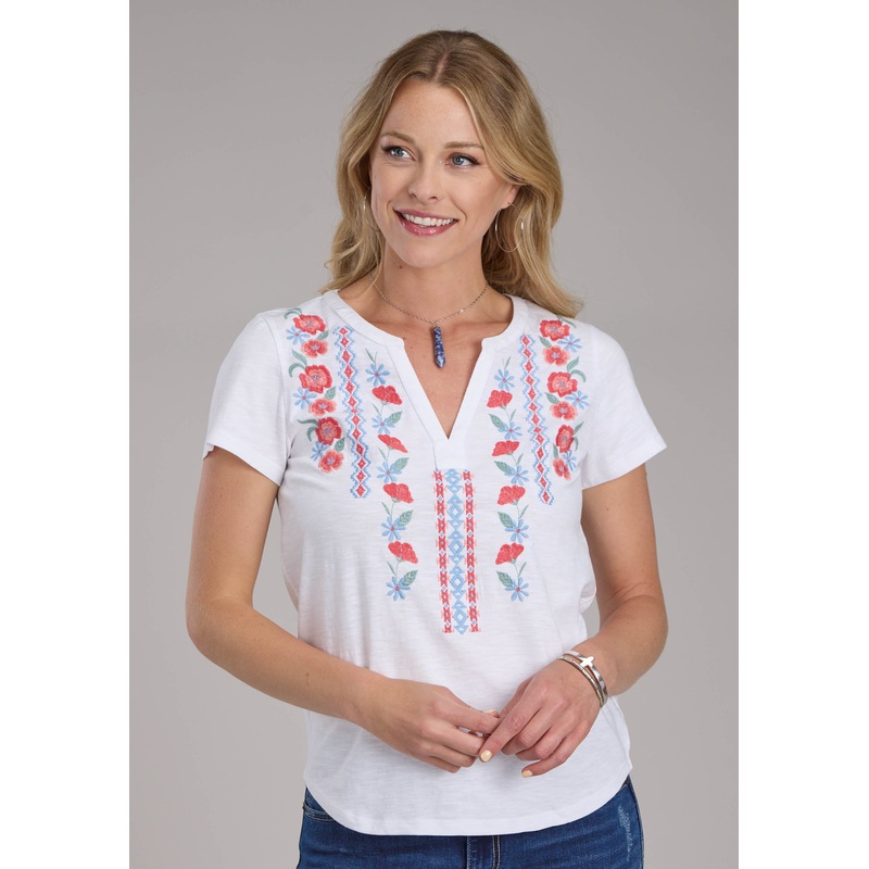 Womens White Cotton Slub Jersey Tee Short Sleeve Pullover Western Shirt XS