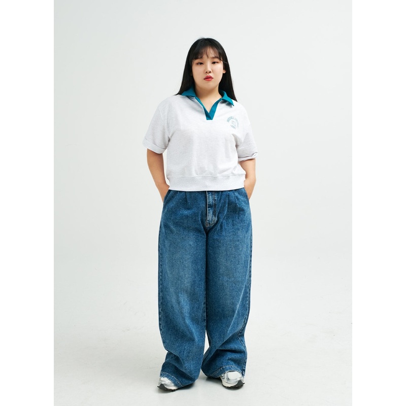 Plus Pintuck Wide Leg Denim Pants IY24 Light Blue S