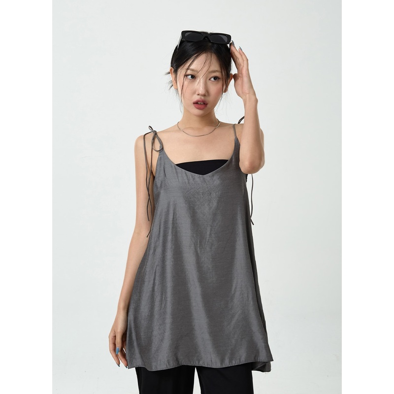 Satin Layered Sleeveless Mini Dress CU15 Black S/M