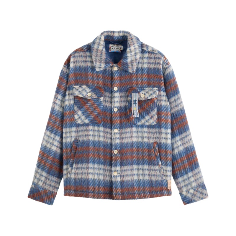 Scotch & Soda Brushed Wool Blend Check Overshirt Blue/Orange Medium