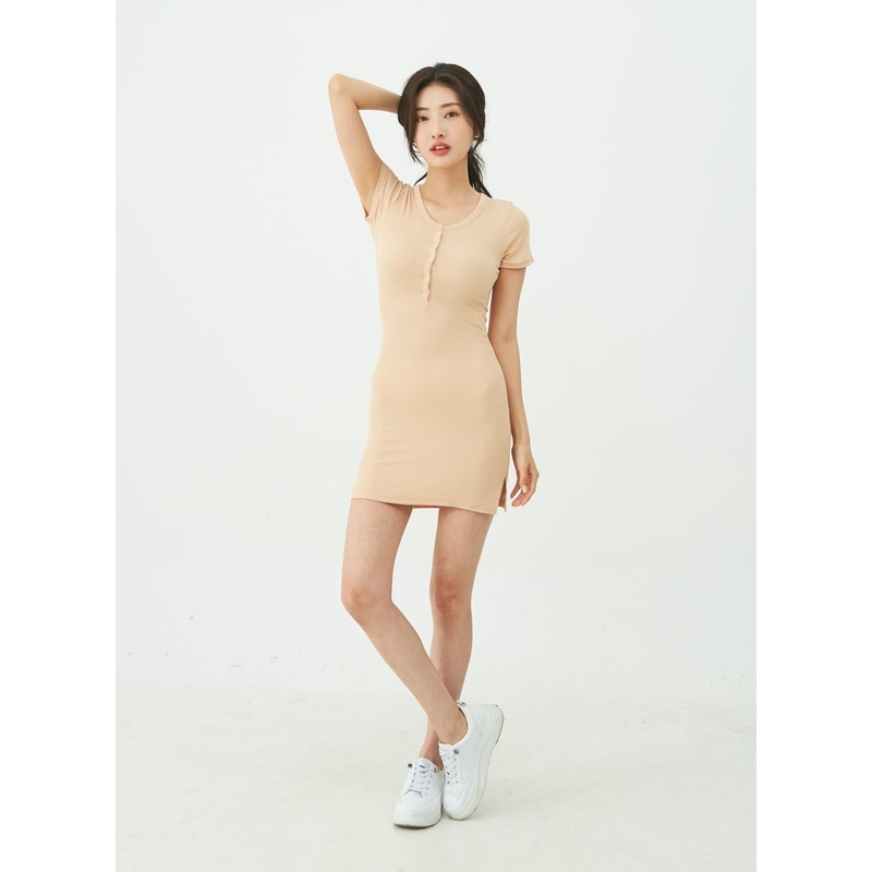Snap Buttoned Side Slit Bodycon Mini Dress IU11 Beige S