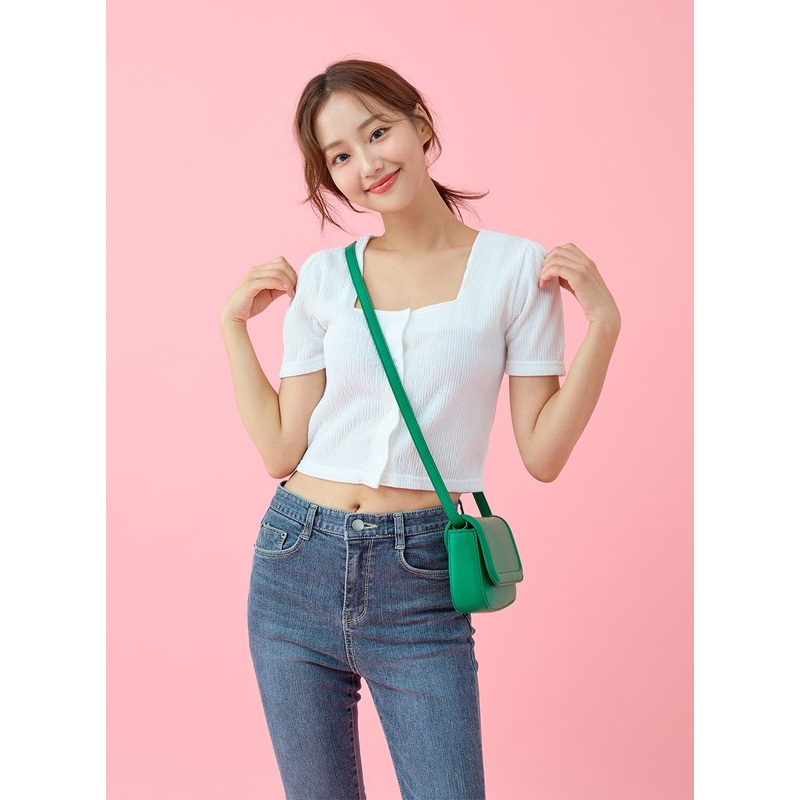 Square Neck Wrinkle Short Cardigan BU29 Light beige S