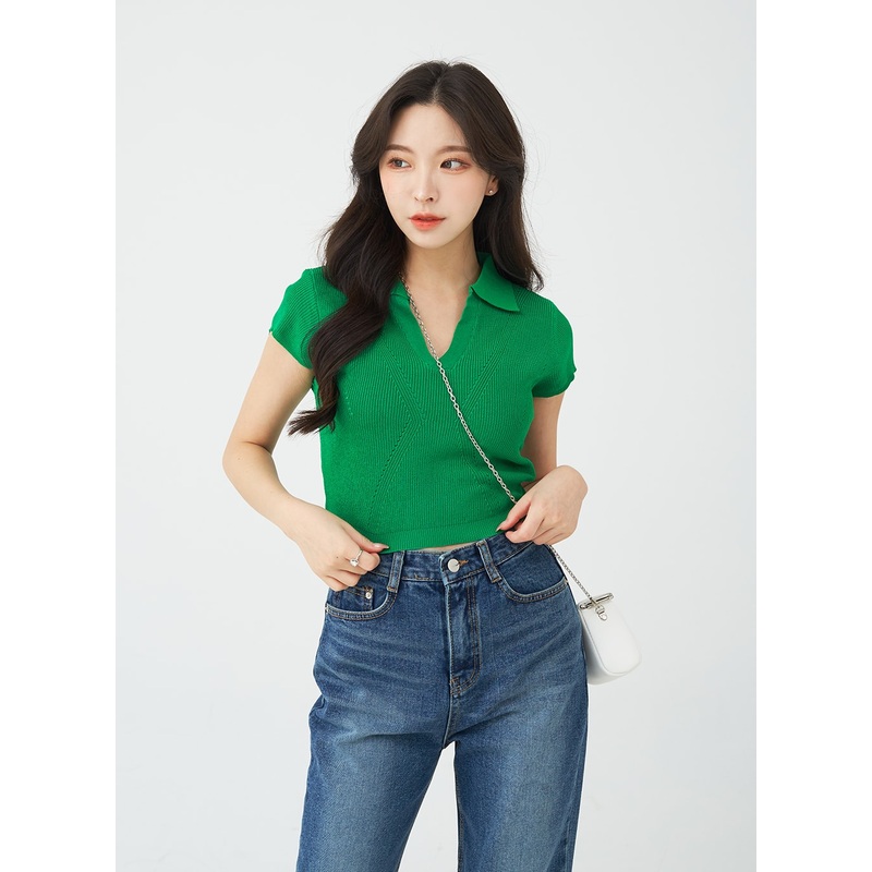 V-Neck Collar Crop Short Sleeve Tee BG09 White S