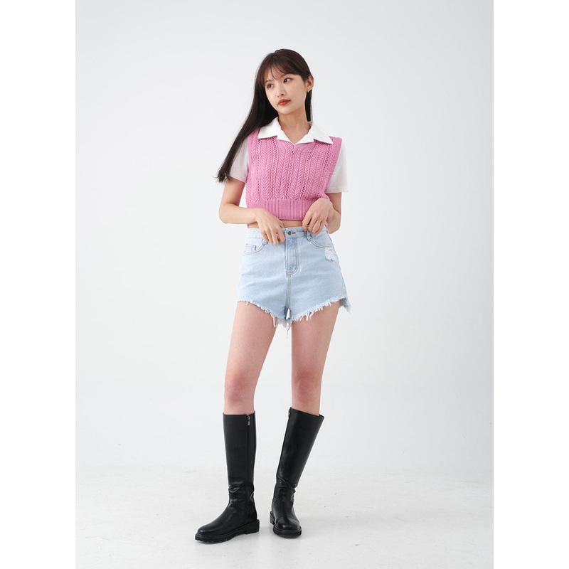 Distressed Raw Hem Denim Shorts CA27 Blue Denim S