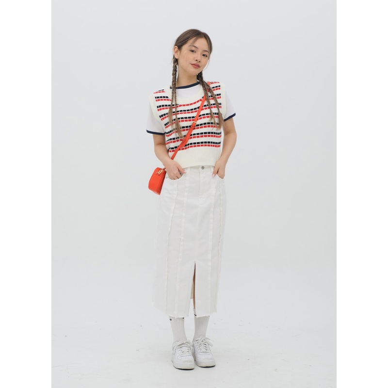 Pattern Cropped Knit Vest C1002 Black S