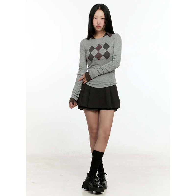 Argyle Pattern Long Sleeve Tee CN505 Gray S/M