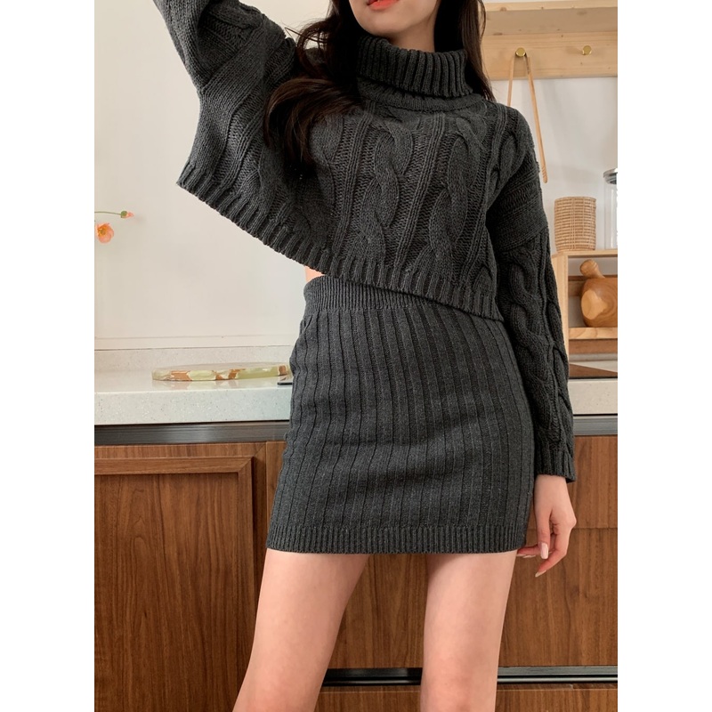 Cable Knit Turtleneck Top and Mini Skirt Set J31 Beige S/M