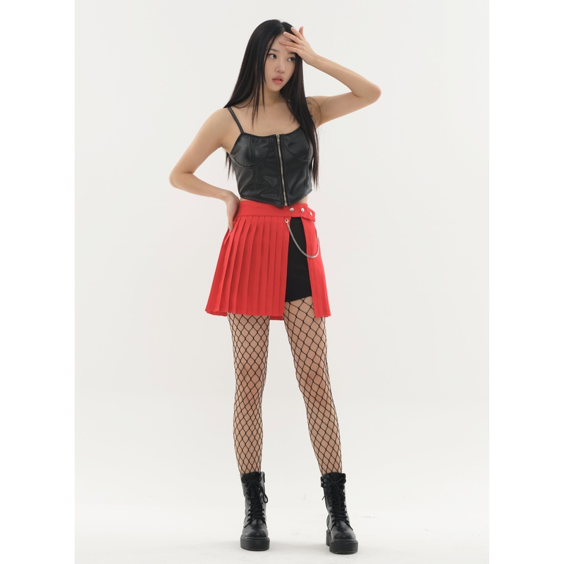 Pleated Mini Skirt with Chain #Original Kpop #121692 White S