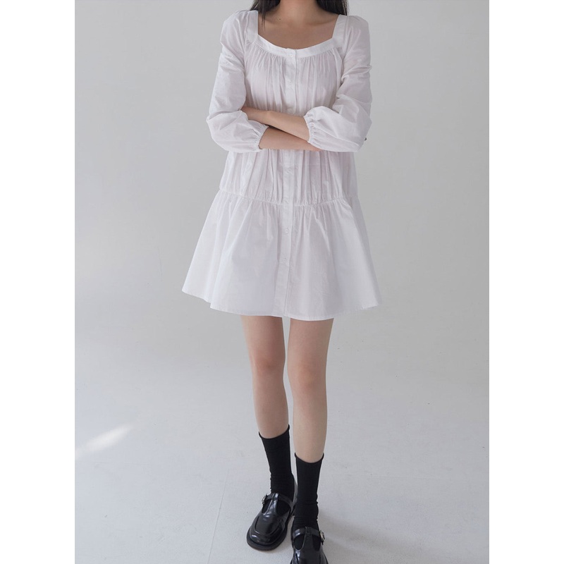 Square Neck Tiered Mini Dress White