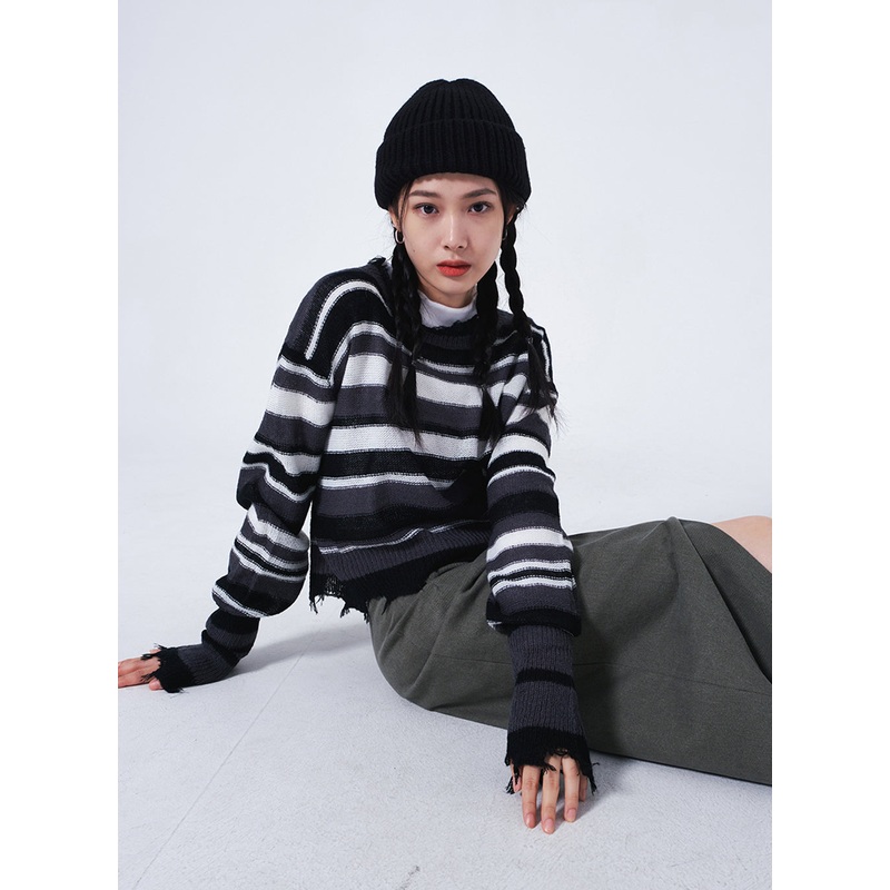 Stripped Cropped Knit Sweater F13 Black S