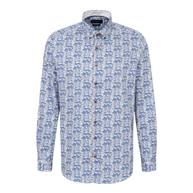 Bugatti Long Sleeve Patterned Shirt Blue Medium