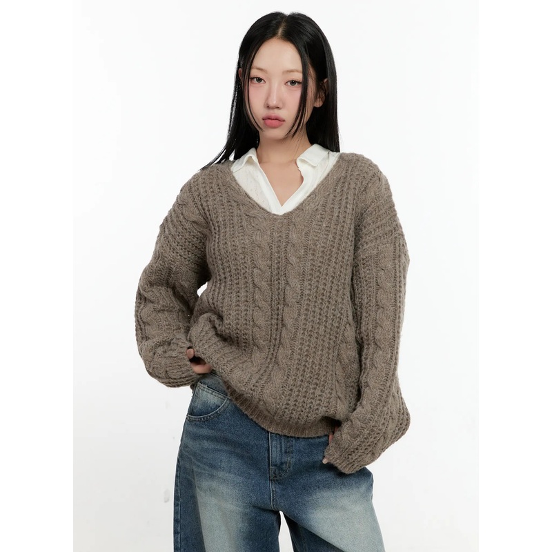 Cozy Cable Knit Oversized V-Neck Sweater CN505 Dark beige M/L