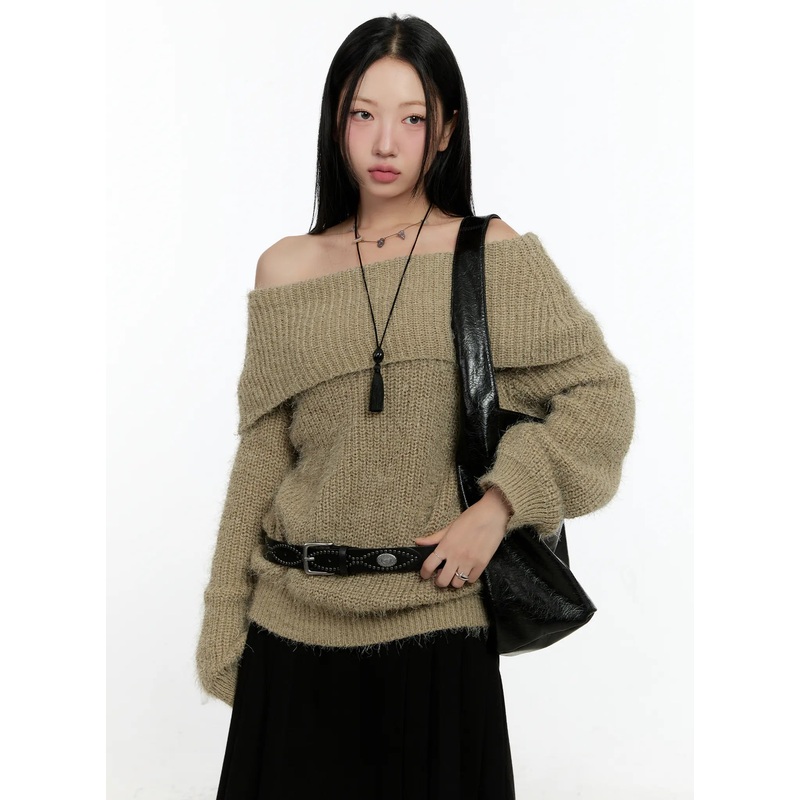 Loose Fit Off-Shoulder Knit Sweater CN505 Dark green M/L