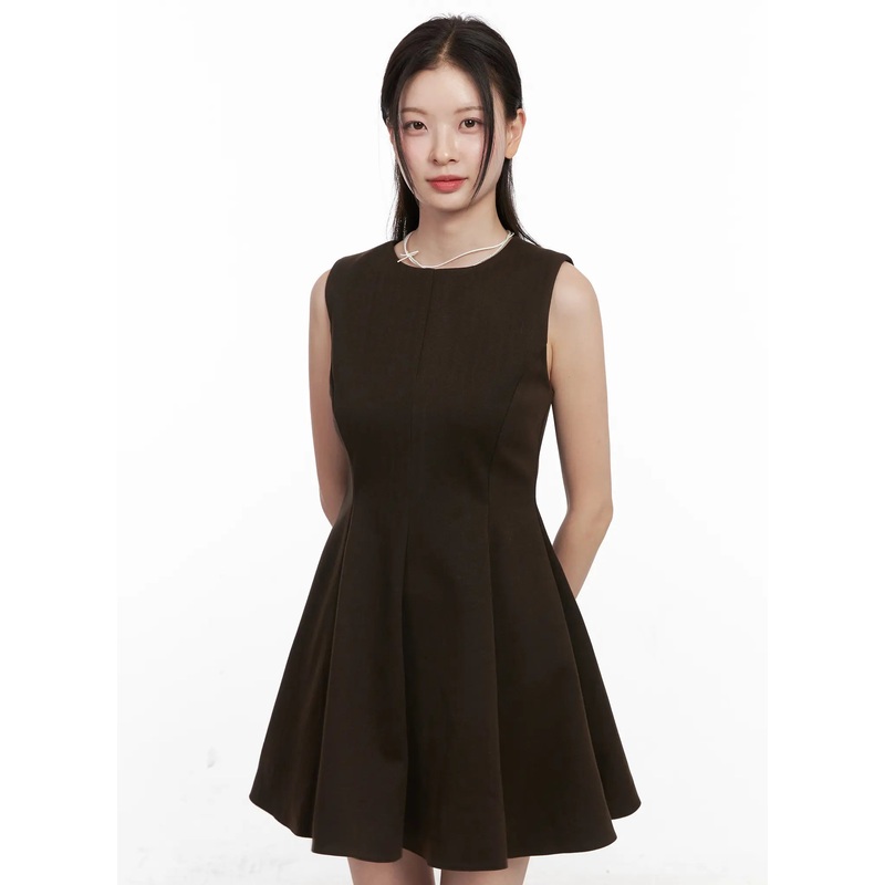 Classic Pleated Flare Mini Dress CN504 Brown S