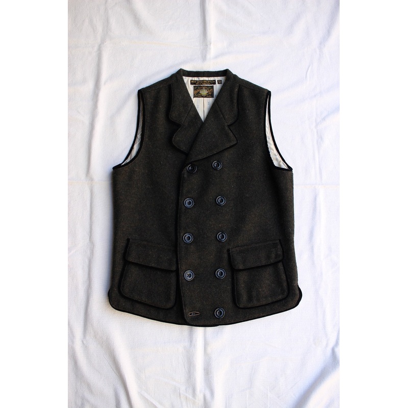 FREEWHEELERS / “Cummings” DOUBLE BREASTED NOTCHED COLLAR VEST (#1231022,GRAINED DARK GREEN) 36