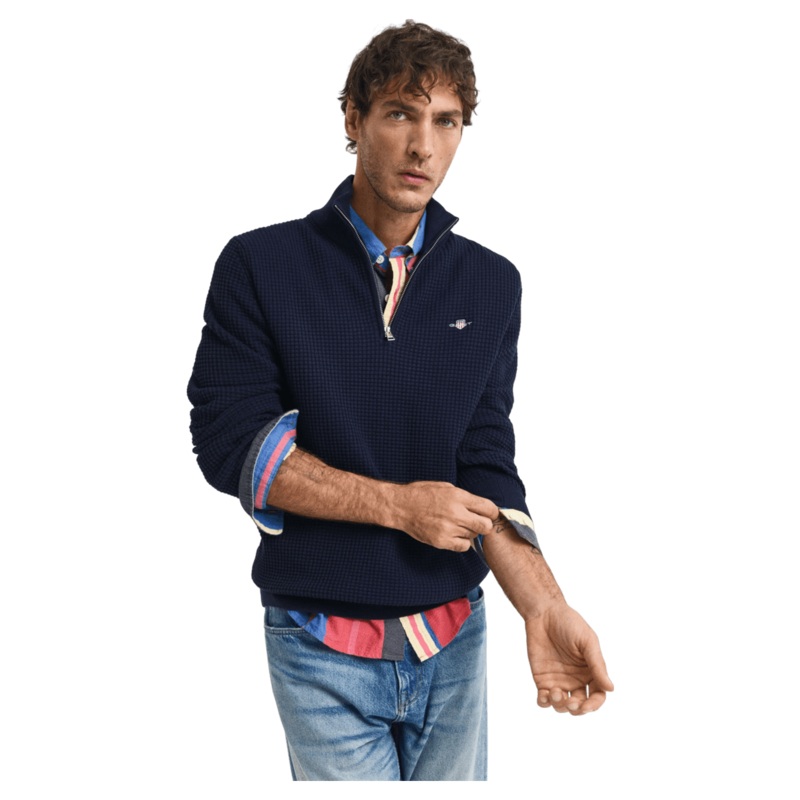 GANT Textured Cotton Half Zip Sweater Evening Blue Medium
