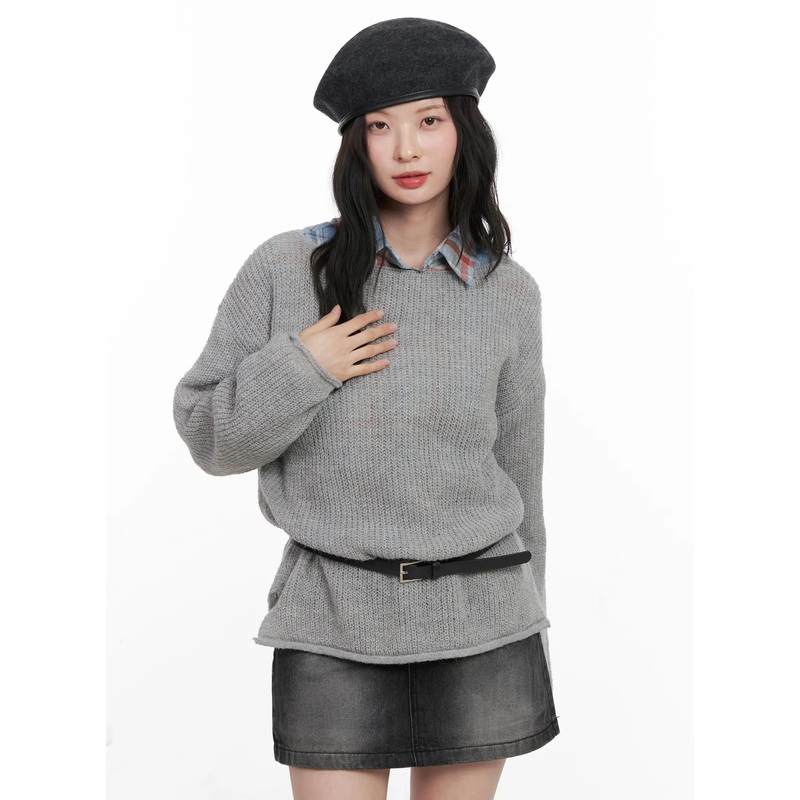 Oversized Boat Neck Knit Sweater CN504 Gray S/M