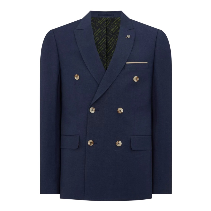 Remus Uomo Marino Linen Double Breasted Suit Jacket Navy 40 Regular