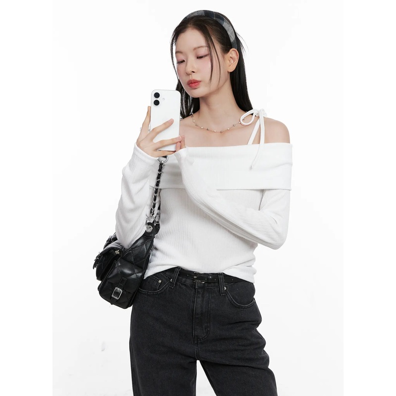 Ribbed Ribbon Off-Shoulder Long Sleeve CN504 White S/M