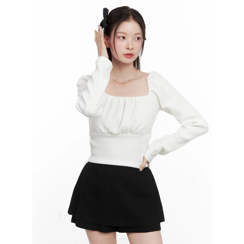 Square Neck Shirred Long Sleeve Top CN504 White S/M