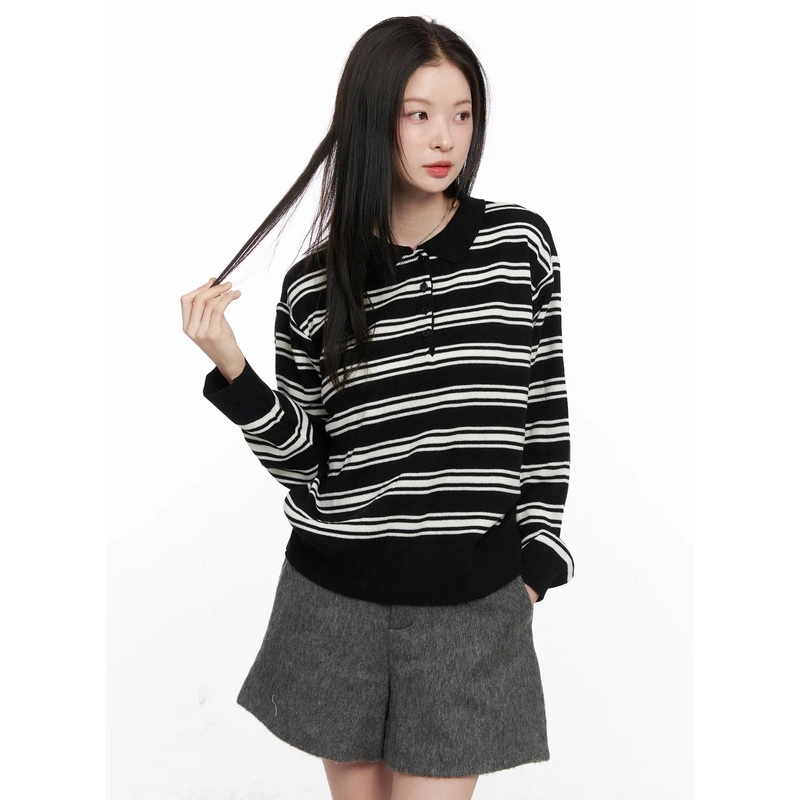 Striped Henley Neck Knit CN504 Black S/M