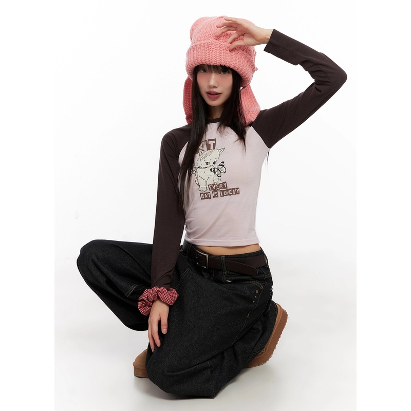 Cat Graphic Raglan Top IN503 Pink S/M