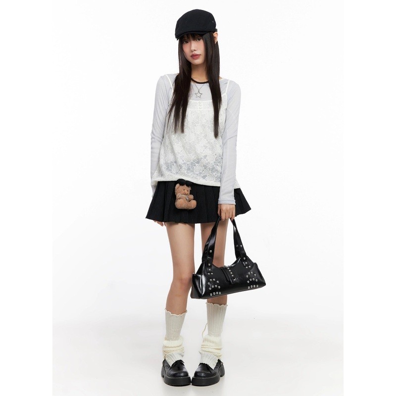 Double Belt Pleated Mini Skirt IN503 Black S