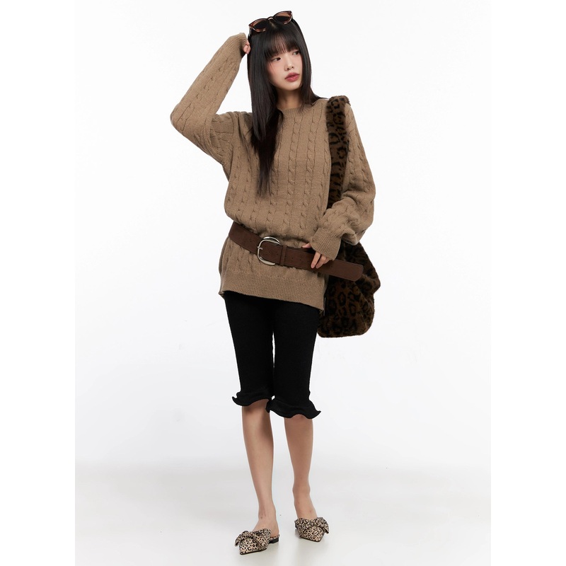 Oversized Cable-Knit Sweater IN503 Beige M