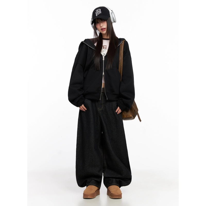 Oversized Zip-Up Hoodie IN503 Black M/L