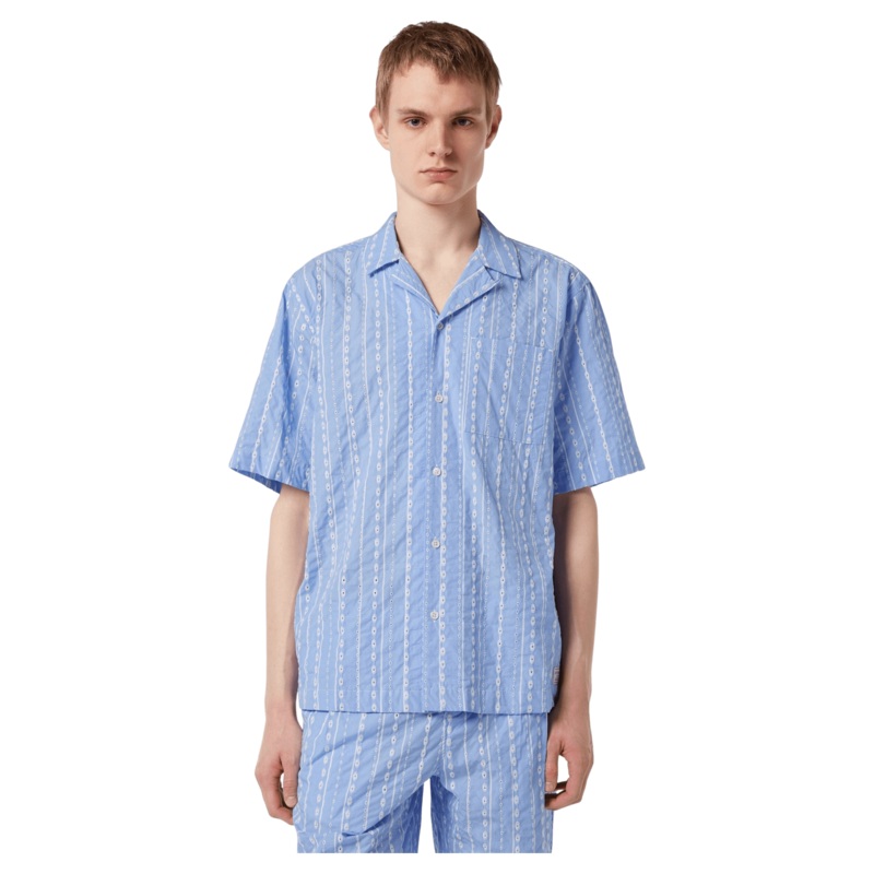 Scotch & Soda Embroidered Stripe Short Sleeve Shirt Sky Blue Medium