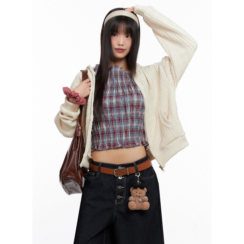 Cable Knit Zip-Up Hoodie IN503 Light beige S/M