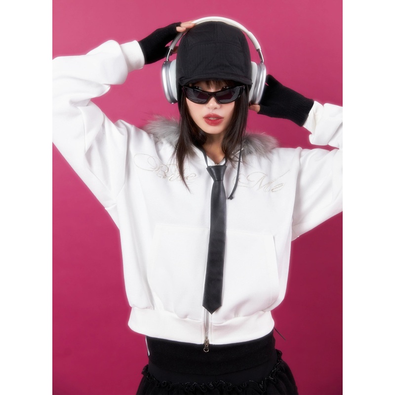 Faux Fur Zip-Up Hoodie IN503 White S/M